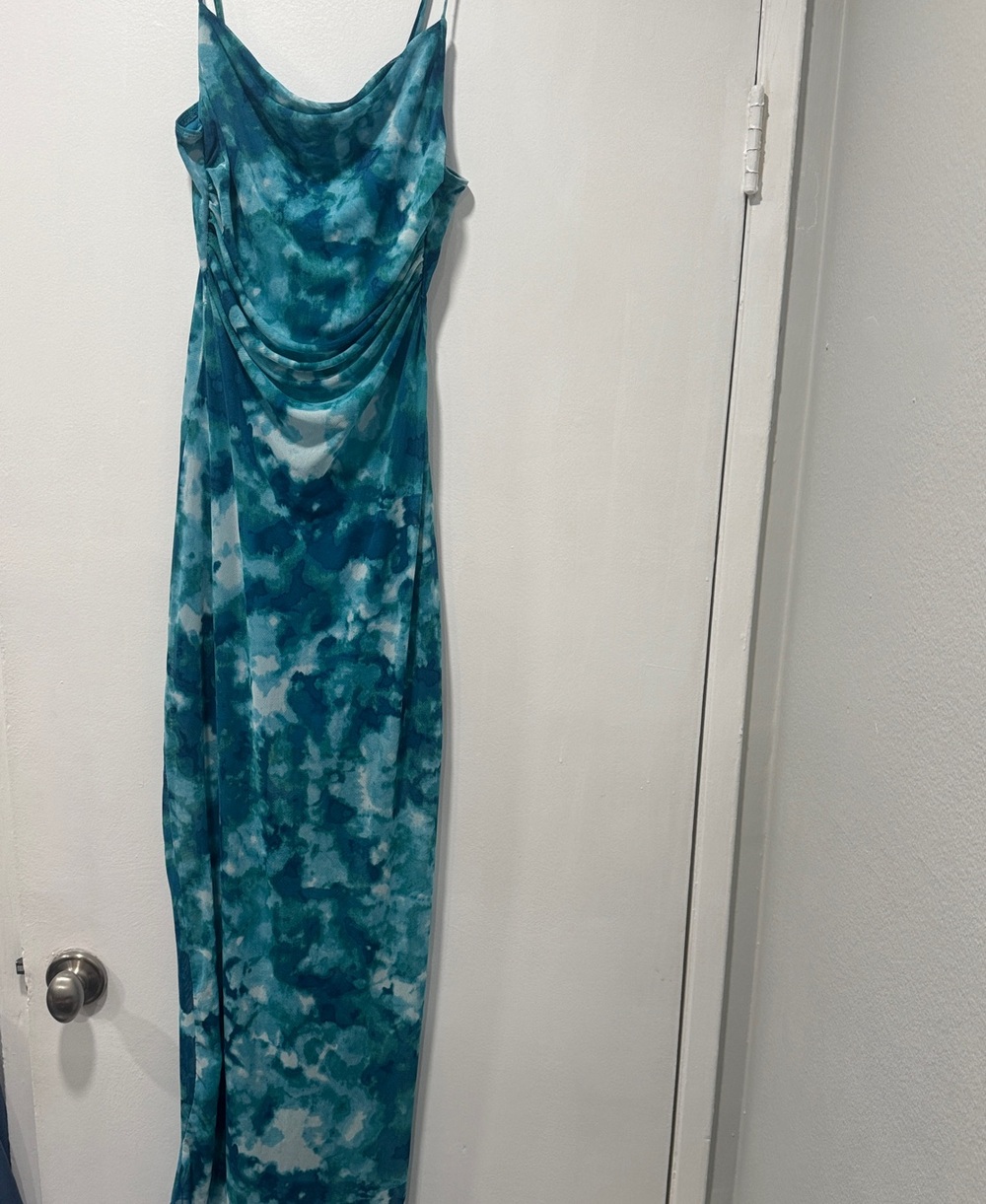 Teal Tie-Dye Cowl Neck Maxi Dress with Spaghetti Straps